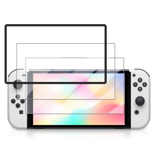 JCJCLY 対応 Switch 有機el ガラスフィルム 7インチ2枚入り+ガイド枠付き 国産旭硝子素材製 強化ガラス 保護 フィルム「硬度9H 耐衝撃 飛散...
