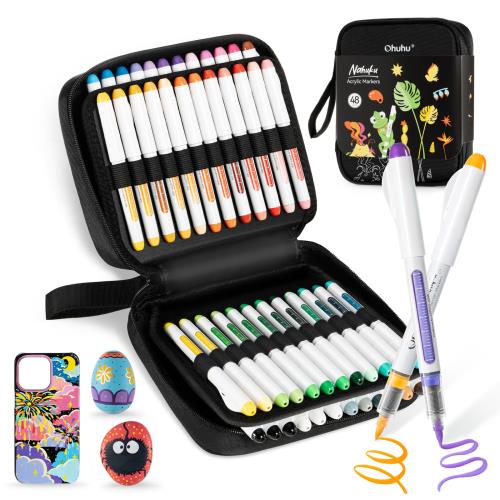 Ohuhu アクリルマーカー 筆タイプ 44色48本セット 直液式 アクリルペン 不透明水性ペン ペイントマーカー 石 木材 卵 ガラス セラミック キャンバス プラスチック 紙 金属 DIY 収納ケースと日本語取り扱い説明書付き(3)