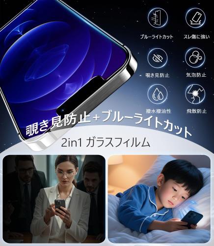 覗き見防止+ブルーライトカットMINIKA iPhone 12 Pro ガラスフィルム 覗き見防止フィルム いPhone12 保護フィルム ブルーライト のぞき見防止 アイフォン12 フィルム 目に優しい 高感度タッチ 自動位置決め 超簡単貼り付け
