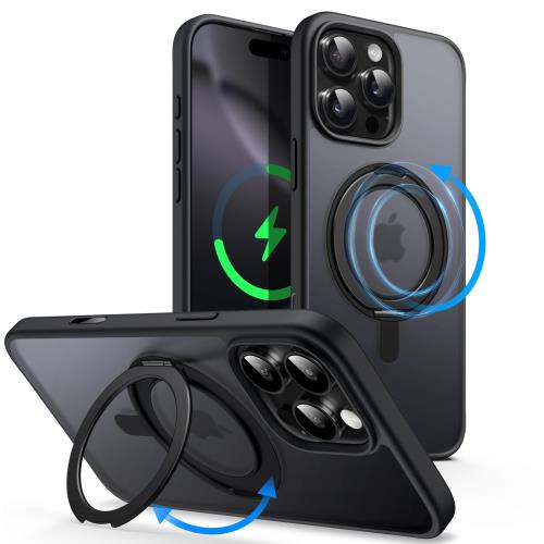 JETech iPhone 16 Pro 6.3インチ用360度回転リングケース カメラコントロールボタン搭載 MagSafe対応 薄型耐衝撃 スタンドリングホルダー付き スマホカバー (ブラックチタニウム)