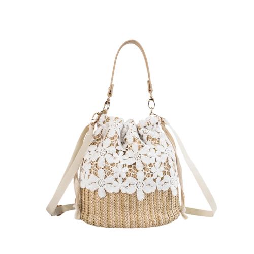 [EZ PEACH] 草編みバッグ かご 浴衣用 巾着バッグ ミニショルダー バケット ミニ 手提げ バケツ型 2way ストラップ付き 斜め掛け レディース 軽い 海水浴 旅行用 夏 花火大会 ナチュラル 海辺 花火大会 リゾート 通学 通勤 可愛い (花柄)