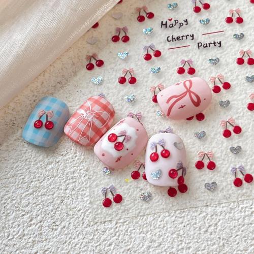 EZ PEACH ネイルシール リボン ネイルステッカー リボン 立体 さくらんぼ 可愛い ネイル用シール 3d 透明 蝶結び 自己粘着 (さくらんぼ/赤/貝殻光)