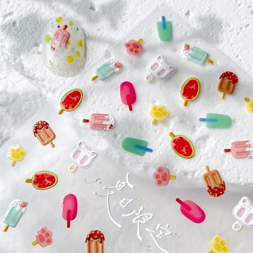 楽天FIDELAEZ PEACH ネイルシール 可愛いネイルシール 春 夏 飴 お菓子 夏祭り 萌え萌え 食品サンプル 面白い ネイルステッカー 5D 透明 エレガント感 立体感 可愛い 自己粘着 貼るだけ ネイルアート （氷棒）