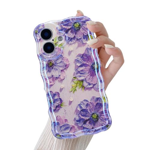 QLTYPRI iPhone 16 Plus ケース TPUカバー おしゃれ 韓国 可愛い 花柄 薄型 軽量 耐衝撃 スマホケース ワイヤレス充電対応 ストラップホール付き アイフォン16 Plus ケース 6.7インチ 対応 - パープル