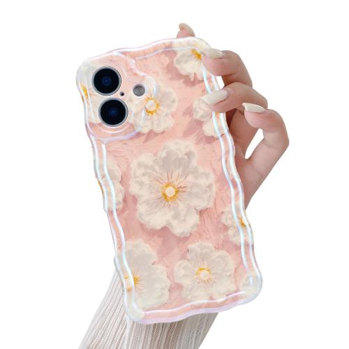 QLTYPRI iPhone 16 Plus ケース TPUカバー おしゃれ 韓国 可愛い 花柄 ウェーブ 薄型 軽量 耐衝撃 スマホケース ワイヤレス充電対応 ストラップホール付き アイフォン16 Plus ケース 6.7インチ 対応 - ピンク #2