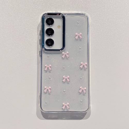 QLTYPRI 対応 Galaxy S23 ケース クリア シルバー ミニリボン おしゃれ 韓国 透明 可愛い 耐衝撃 (SC-51D / SCG19) スマホケース 立体 りぼん装飾 きらきら ギャラクシーS23 ケース 6.1インチ 対応 - ピンク