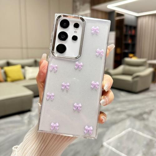 QLTYPRI 対応 Galaxy S25 ケース Galaxy S24 ケース クリア シルバー ミニリボン おしゃれ 韓国 透明 可愛い 耐衝撃 スマホケース 立体 りぼん装飾 きらきら ギャラクシーS25/S24 カバー 6.2インチ 対応 - パープル