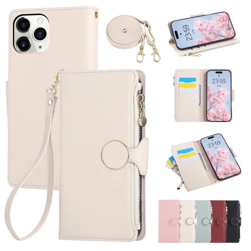 Rosbtib iPhone 11 Pro ケース 手帳型 ショルダー 財布型カバー いphone11 Pro ケース おしゃれ ファスナー型 小銭入れ カード収納 手首/肩掛けストラップ付 マグネット式 スタンド機能 スマホケース 可愛い シンプル 女性 人気 PUレザー 肌触り良い 全面保護(ホワイト)