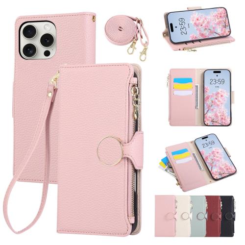 Rosbtib iPhone 15 Pro Max ケース 手帳型 ショルダー 財布型カバー いphone15 Pro Max ケース 手帳型 おしゃれ ファスナー型 小銭入れ カード収納 手首/肩掛けストラップ付 マグネット式 スタンド機能 スマホケース 可愛い シンプル 女性 人気 PUレザー 肌触り良い 全面保護