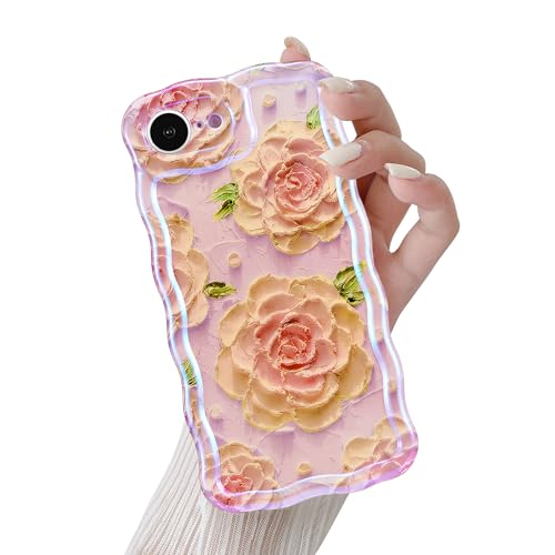 QLTYPRI iPhone 16e 用 ケース TPUカバー おしゃれ 韓国 可愛い 花柄 薄型 軽量 耐衝撃 スマホケース ワイヤレス充電対応 ストラップホール付き アイフォン16e ケース 6.1インチ 対応 - ピンク #3