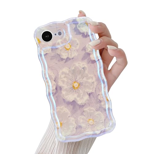 QLTYPRI iPhone 16e 用 ケース TPUカバー おしゃれ 韓国 可愛い 花柄 ウェーブ 薄型 軽量 耐衝撃 スマホケース ワイヤレス充電対応 ストラップホール付き アイフォン16e ケース 6.1インチ 対応 - パープル #2