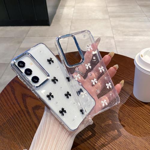 QLTYPRI 対応 Galaxy S21 ケース クリア シルバー ミニリボン おしゃれ 韓国 透明 可愛い 耐衝撃 (SC-51B / SCG09) スマホケース 立体 りぼん装飾 きらきら ギャラクシーS21 ケース 6.2インチ 対応 - ブラック