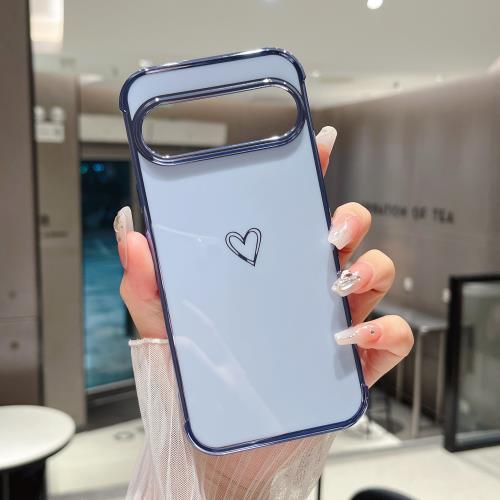 QLTYPRI 対応 Google Pixel 9a 用 ケース ピクセル9a 専用 おしゃれ 韓国 可愛い ハート メッキ加工 ソフト TPU 薄型 軽量 耐衝撃 スマホケース ワイヤレス充電対応 ストラップホール付き - グレーブルー #2