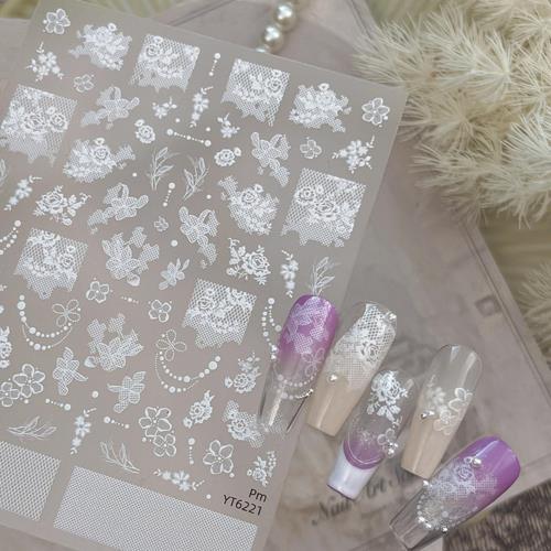EZ PEACH ネイルシール 極細ライン フレンチシール ネイルステッカー リボン ラインカーブネイルアート 可愛い ネイル用シール 3d 透明 美しいネイルステッカー 自己粘着 (レース/花々 White)