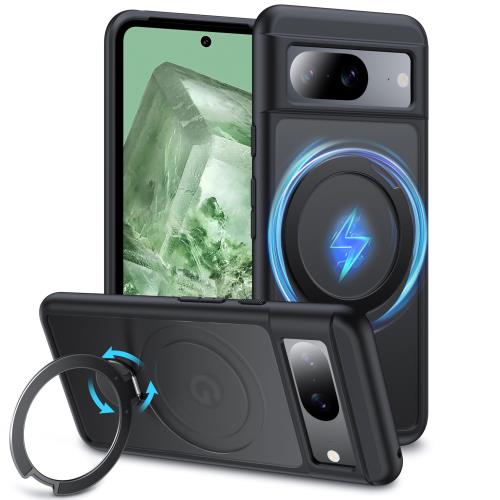 FNDMIL 360°回転·MagSafe対応Google Pixel 8 用 ケース可能な磁気リングホルダー半透明マット米軍MIL規..