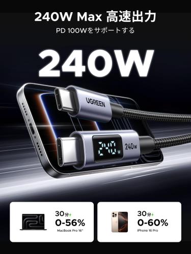 UGREEN USB Cケーブル 240W 高出力 LEDリアルタイム表示 iPhone 充電ケーブル PD3.1 急速充電 データ転送 タイプC USB iPhone 17/16/15 高速充電 MacBook Pro/Air iPad Pro Galaxy Pixel 各種対応 高耐久性ナイロン編み 2M