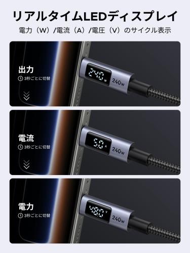 UGREEN USB Cケーブル 240W 高出力 LEDリアルタイム表示 iPhone 充電ケーブル PD3.1 急速充電 データ転送 タイプC USB iPhone 17/16/15 高速充電 MacBook Pro/Air iPad Pro Galaxy Pixel 各種対応 高耐久性ナイロン編み 2M