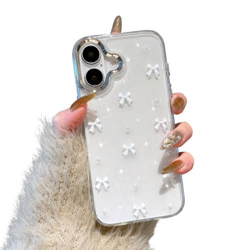 Rakuten - QLTYPRI iPhone16 Plus ケース クリア ホワイト ミニリボン おしゃれ 韓国 iPhone16 Plusケース 透明 可愛い 耐衝撃 スマホケース 立体 りぼん装飾 きらきら アイフォン16 Plus ケース、ホワイト