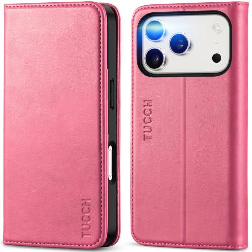 TUCCH iphone 17 Pro 対応 ケース 手帳型 6.3インチ 3つカードスロット ストラップホール付き キックスタンド機能 RFIDブロッキング PU合皮 TPU素材 衝撃吸収 全面保護 アイホン17プロ対応 カバー 2025年発売 5G ホットピンク