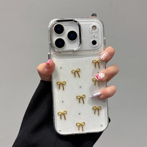 QLTYPRI iPhone 17 Pro 用 ケース クリア ゴールド ミニリボン おしゃれ 韓国 iphone17pro 用 ケース 透明 可愛い 耐衝撃 スマホケース 立体 りぼん装飾 きらきら アイフォン17 Pro カバー 対応、ゴールド