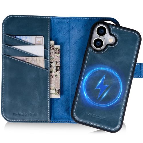VISOUL iPhone 17 対応 ケース 手帳型 本革 アイフォン17 手帳型 MagSafe対応 スマホケース レザー カード収納 携帯カバー 横置きスタンド機能付き マグネット式 全面保護 柔軟なTPUカバー素材 アイホン17 ブルー「2in1 分離式」