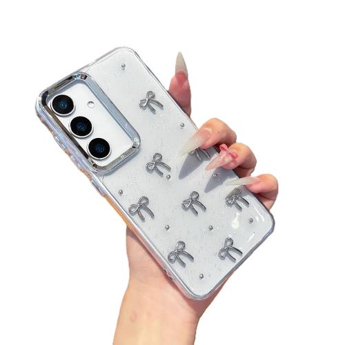 QLTYPRI 対応 Galaxy S25 ケース クリア シルバー ミニリボン おしゃれ 韓国 透明 可愛い 耐衝撃 SC-51F スマホケース 立体 りぼん装飾 きらきら ギャラクシーS25 カバー 6.2インチ 対応 - シルバー