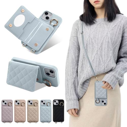 Sences (i)Phone 17 スマホケース リング付きケース 手帳型 ショルダー チェック柄 カード収納 携帯ケース 肩掛け 斜めかけ ストラップ付き カード入れ 背面収納 手帳 お財布付 ポケット付き 鏡付き