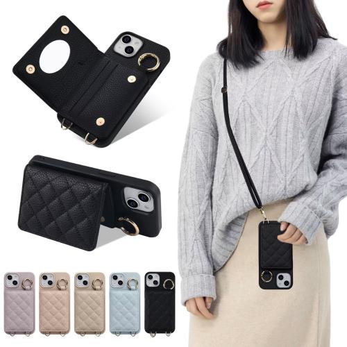 Sences (i)Phone 17 スマホケース リング付きケース 手帳型 ショルダー チェック柄 カード収納 携帯ケース 肩掛け 斜めかけ ストラップ付き カード入れ 背面収納 手帳 お財布付 ポケット付き 鏡付き