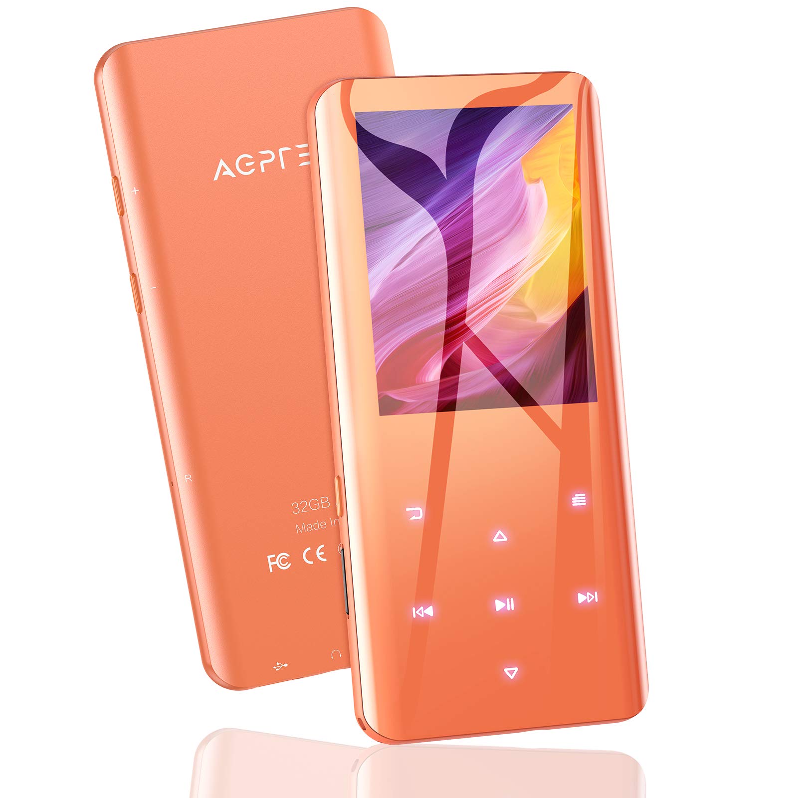 AGPTEK MP3プレーヤー Bluetooth5.2 32GB内蔵 mp3プレイヤー 3D曲面 音楽プレーヤー スピーカー内蔵 HIFI 2.4インチ大画面 超軽量 FMラジオ 録音 最大128GBまで拡張可能 日本語説明書付き オレンジ ギフト プレゼント