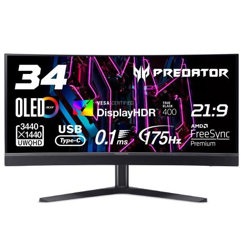 Predator ゲーミングモニター 34インチ 湾曲 21：9 ウルトラワイド OLED 非光沢 175Hz 0.1ms USB Type-C 65W給電 KVM 高さ調整 VESA DisplayHDR True Black 400 X34Vbmiiphuzx