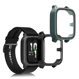 kwmobile 2x ケース 対応: Garmin Venu Sq 2 Music/Sq 2 カバー - フルボディ ガラス 耐衝撃 超薄型 黒色/緑色
