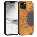 kwmobile スマホケース 対応: Apple iPhone 13 ケース - 携帯ケース TPUバンパー ナチュラル 木製 大輪のひまわりデザイン