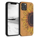 kwmobile スマホケース 対応: Apple iPhone 12 / iPhone 12 Pro ケース - 携帯ケース TPUバンパー ナチュラル 木製 大輪のひまわりデザイン