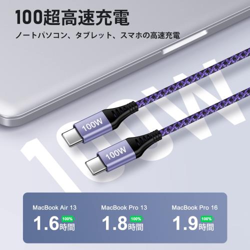 100W USB Type C ケーブル 2本セット＆1.83m タイプc ケーブル PD ケーブル スマホ充電ケーブル iPoto 急速充電 Androidケーブル 高速充電 USBコード データ転送 断線防止 高耐久ナイロン MacBook/ノートPC/iPad/iPhone/Androidなど機種に対応