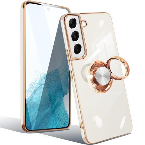 Galaxy S22 ケース リング 5G SC-51A SCG01 ギャラクシーS22 リング付き カバー 耐衝撃 携帯カバー TPU 軽量 シリコン スタンド機能付き 360回転車載ホルダー 一体型レンズ保護カバー(クリーミーホワイト)