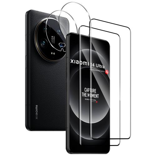 2+2枚セットFor Xiaomi 14 Ultra ガラスフィルム（2枚）+ レンズ保護フィルム（2枚）硬度9H 日本旭硝子製 疎水疎油 指紋防止 液晶画面保護フィルム 超高透過率 HDビジョン 強化ガラス 全面保護 耐衝撃 飛散防止 高感度タッチ 気泡ゼロ 自動吸着 貼り付け簡単 Xiaomi 14 Ultra