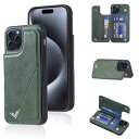 Anrek新型 APPLE iPhone 15 PRO 6.1 inch docomo/au/SoftBank/楽天モバイル (6.1インチ) 用 背面 カードケース 手帳型 ランヤード付 背面カバー (ダルグリーン) アップル アイフォン15プロ スマホケース サイドマグネット カード収納 横置き機能 PUレザー 財布型 携帯カバーi