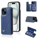 Anrek新型 APPLE iPhone 15 PLUS 6.7 inch docomo/au/SoftBank/楽天モバイル (6.7インチ) 用 背面 カードケース 手帳型 ランヤード付 背面カバー (ネイビーブルー) アップル アイフォン15プラス スマホケース サイドマグネット カード収納 横置き機能 PUレザー 財布型 携帯カ