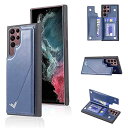 Anrek新型 SAMSUNG Galaxy S22 Ultra 5G 用 背面 カードケース 手帳型 ランヤード付 背面カバー (ネイビーブルー) サムスンs22ウルトラ ギャラクシーs22u スマホケース サイドマグネット カード収納 横置き機能 PUレザー 財布型 携帯カバーgalaxy s22u BLUE