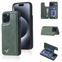 Anrek新型 APPLE iPhone 16 PRO 6.3 inch 用 背面 カードケース 手帳型 ランヤード付 背面カバー (ダルグリーン) アップル アイフォン16プロ (6.3インチ) スマホケース サイドマグネット カード収納 横置き機能 PUレザー 財布型 携帯カバーIPHONE16pro GREEN