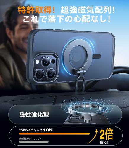 TORRAS iPhone 16 Pro Max 用 ケース 米軍耐黄変・Magsafe対応カメラコントロール対応 半透明 マグネット搭載 耐衝撃 マット感 黄ばみなし ストラップホール付き ワイアレス充電対応 6.9インチ ブラック 3