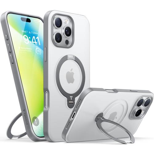 チタングレー専用色・マット半透明TORRAS iPhone 16 Pro Max 用 ケース ゼンマイ式スタンド 縦横両対応 リング マグネット搭載 MagSafe対応 ワイヤレス充電対応 米軍M