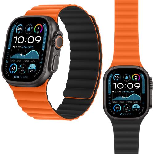 HITZEE 磁気 Band コンパチブル Apple Watch バンド 49mm 46mm 45mm 44mm 42mm 41mm 40mm 38mm, 両面ウェアラブル磁気シリコンバンド iWatch Ultra 2/1 シリーズ 10 9 8 7 SE 6 5 4 3 2 1 に対応 (49/46/45/44/42mm, ブラック/オレンジ)
