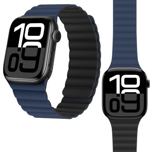 HITZEE 磁気 Band コンパチブル Apple Watch バンド 49mm 46mm 45mm 44mm 42mm 41mm 40mm 38mm, 両面ウェアラブル磁気シリコンバンド iWatch シリーズ 10 9 8 7 SE 6 5 4 3 2 1 に対応 (42/41/40/38mm, ダークブルー/ブラック)
