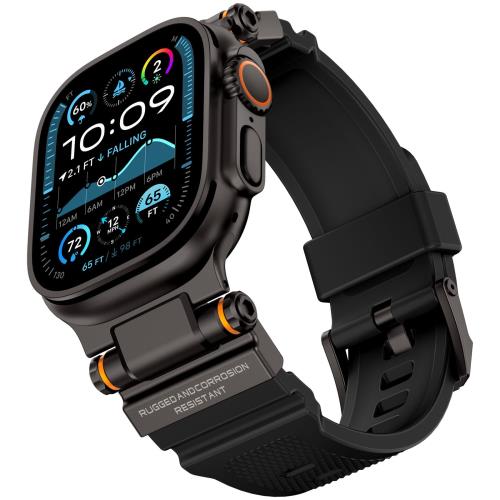 HITZEE Ultra 2/1 Band コンパチブル Apple Watch バンド 49mm/46mm/45mm/44mm/42mm，頑丈なシリコン製スポーツ交換バンド金属コネクタ付き iWatch Series 10/9/8/7/SE/6/5/4/3/2/1 に対応 (ブラック/ブラック)