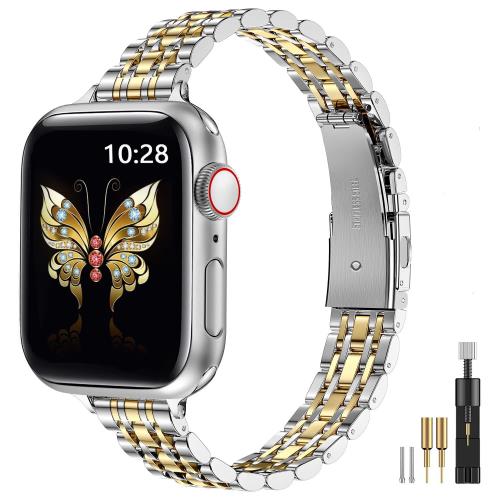 [MioHHR] Slim Metal Band is compatible with Apple Watch Bands 42mm (Series 10), 41mm, 40mm, 38mm, and is a dressy stainless steel chain strap for women's iWatch Bands Series 9, 8, 7, 6, 5, 4, 3, 2, 1, SE. Silver/Gold