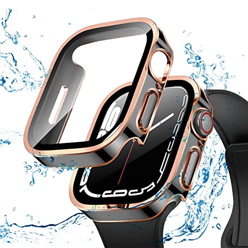 AMAPC for Apple Watch ケース Apple Watch ケース 対応 IP68完全防水 バンド 水泳・スポーツ専用 防水ケース 3D直角エッジデザイン Apple Watch Series9/8/7 41mm対応 光沢のブラック＆ローズゴールド