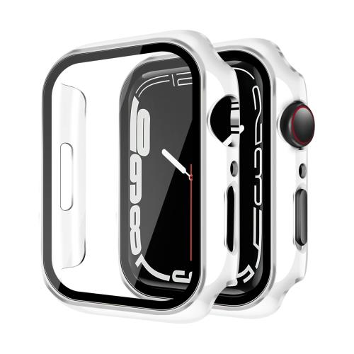 YUGYUG 対応 Apple Watch ケース Series SE2/SE/6/5/4 Apple Watch カバー PC素材 光沢式 アップルウォッチ ケース ガラスフィルム 一体型 日本旭硝子材 二重構造 アップルウォッチ カバー 全面保護 強化ガラス キズ防止(44mm,ホワイト+シルバー)