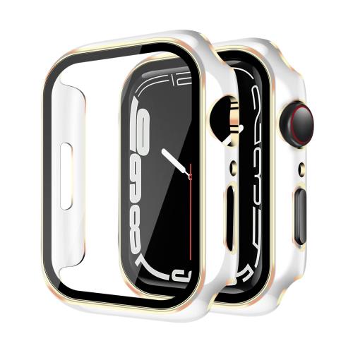 YUGYUG 対応 Apple Watch ケース Series SE2/SE/6/5/4 Apple Watch カバー PC素材 光沢式 アップルウォッチ ケース ガラスフィルム 一体型 日本旭硝子材 二重構造 アップルウォッチ カバー 全面保護 強化ガラス キズ防止(40mm,ホワイト+ゴールド)