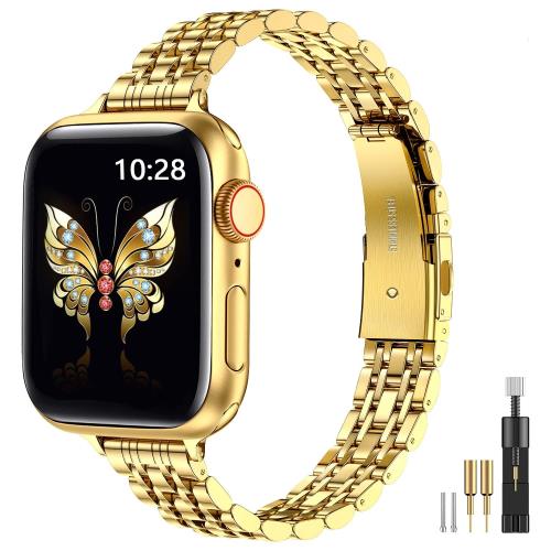 [MioHHR] Slim Metal Band, Women's iWatch Band Compatible with Apple Watch Bands 49mm 46mm 45mm 44mm 42mm (Series 3/2/1) Series 10 9 8 7 6 5 4 SE Ultra 2/1 Stainless Steel Chain Strap. Gold
